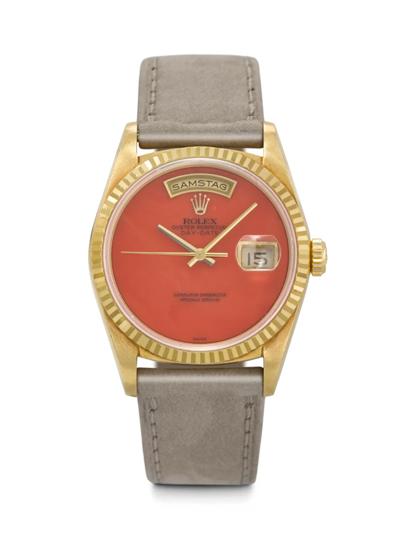 Gold Rolex Day-Date reference 18238 with coral dial