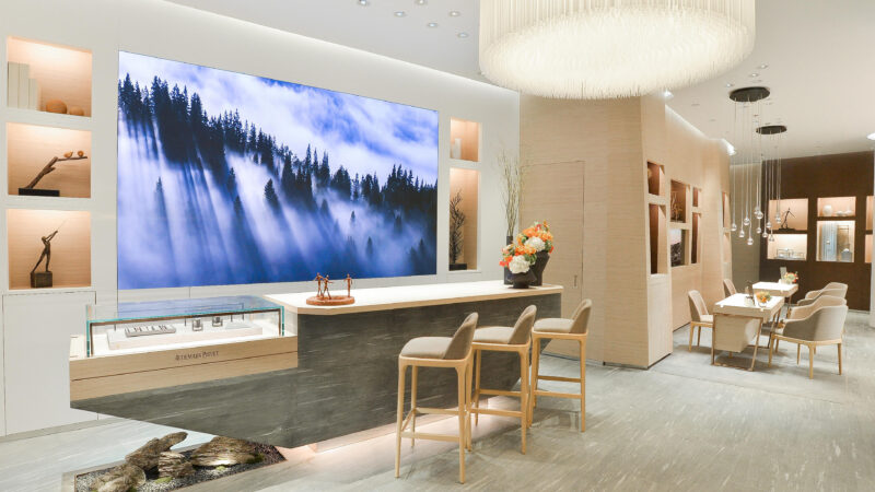 AP House Shanghai interior with seating and a large landscape display