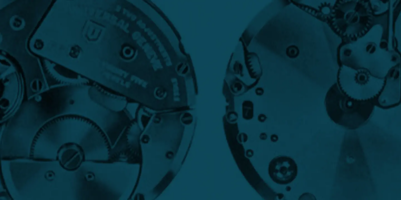 Close photographic view of watch movements with a blue-green tone on the Universal Genève official history page