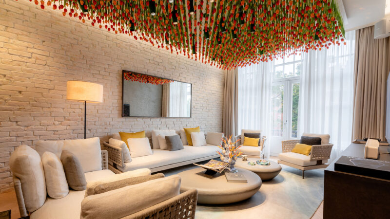 Lounge and suspended decorative installation in official AP House Amsterdam photography