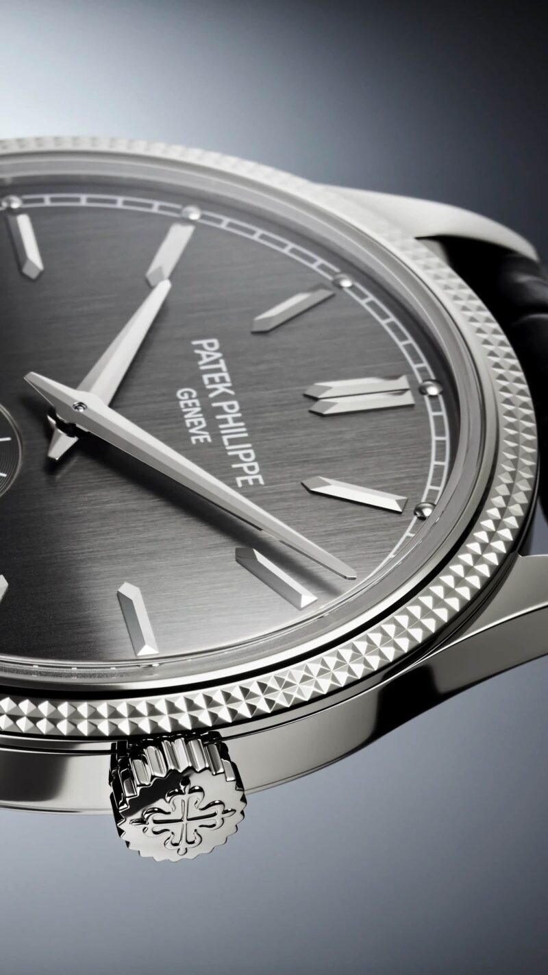 Oblique official photograph of the Calatrava 6119G dial, crown and hobnail bezel