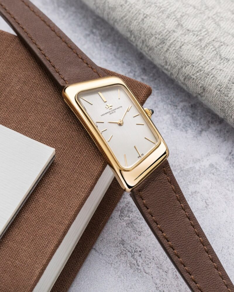 Rectangular Vacheron Constantin Prestige de la France watch on a brown leather strap