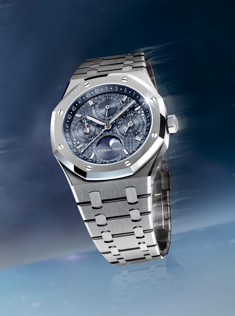 Audemars Piguet Royal Oak perpetual calendar presented against a blue setting