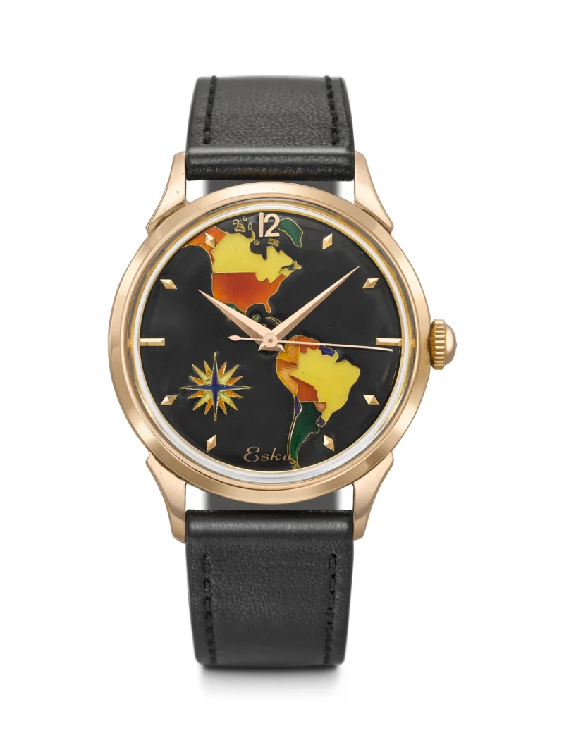 Pink-gold Eska wristwatch with cloisonné enamel map dial