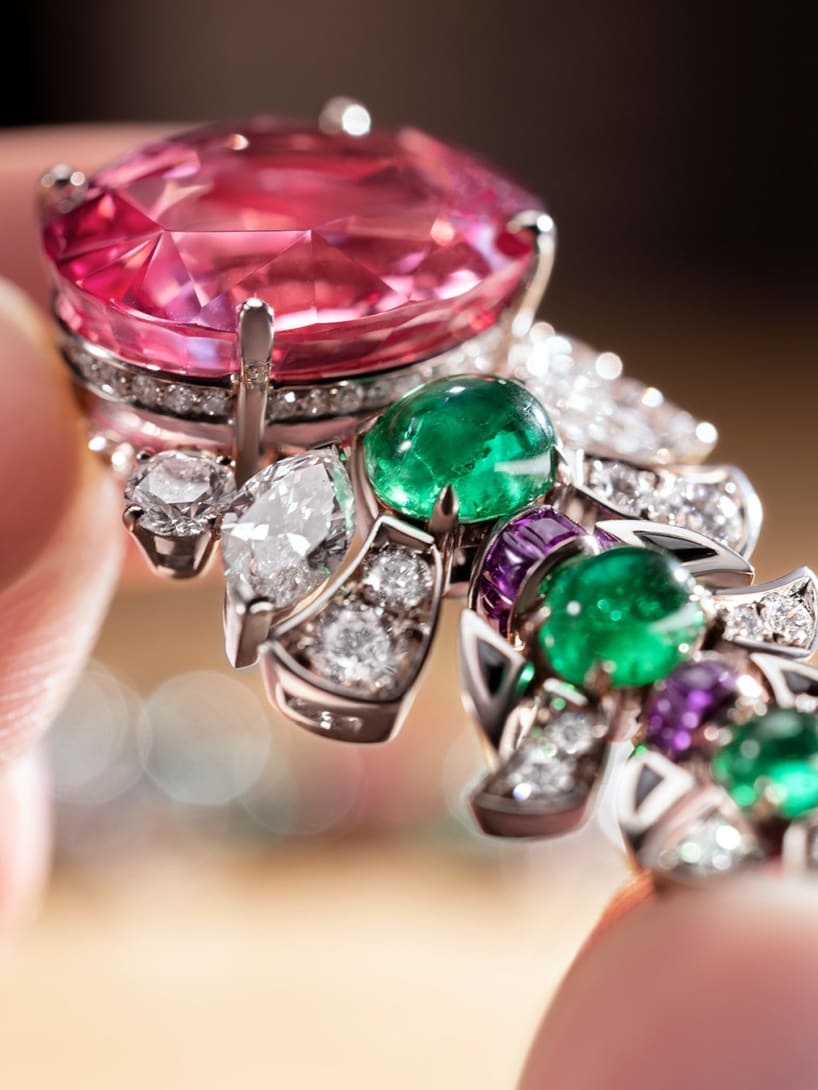 Bulgari Eclettica Secret Garden Padparadscha sapphire emerald and diamond detail