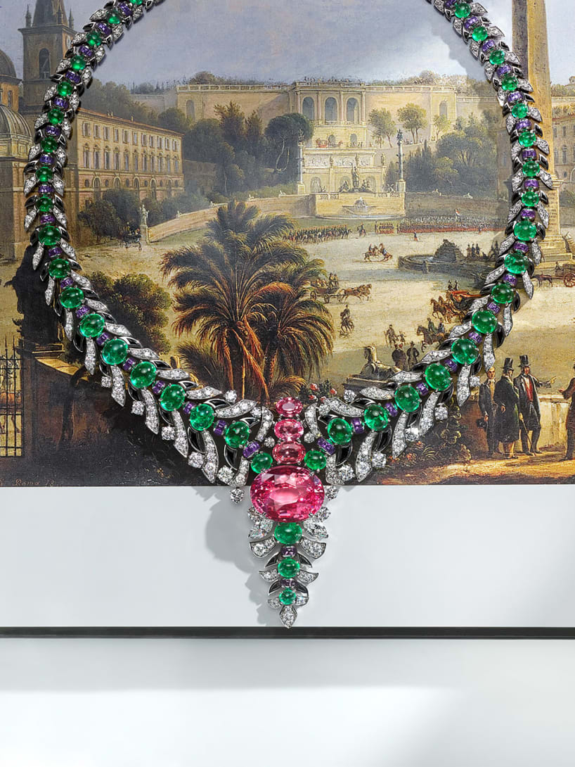 Bulgari Eclettica Secret Garden necklace with Padparadscha sapphire emeralds and diamonds