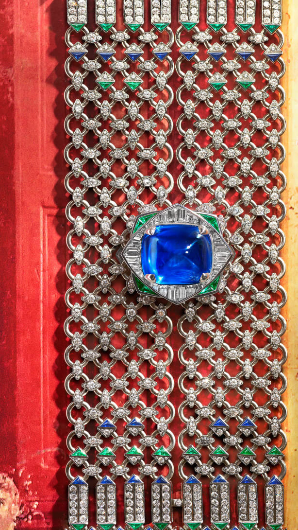 Bulgari Eclettica Seres Scarf necklace with sugarloaf sapphire emeralds sapphires and diamonds