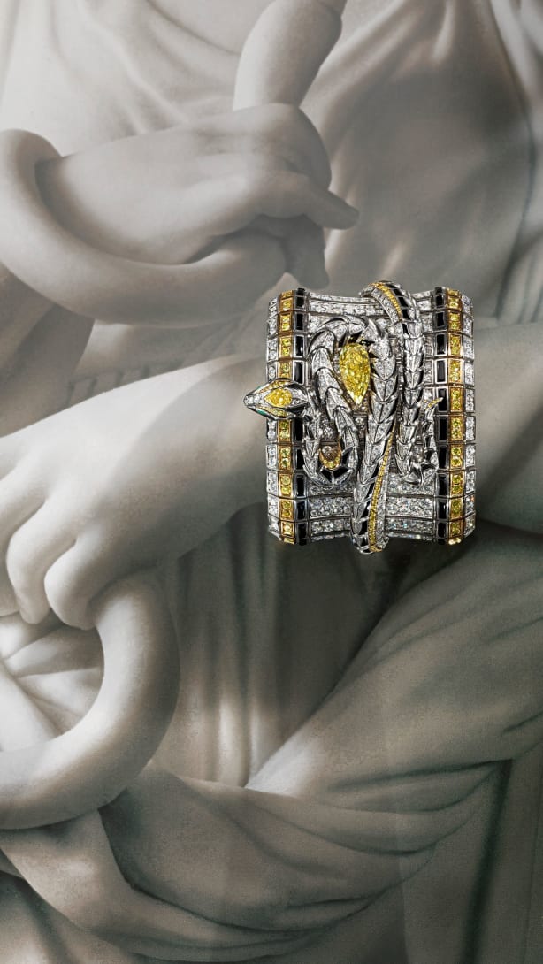 Bulgari Eclettica Serpenti Spira cuff with yellow diamond onyx and diamonds