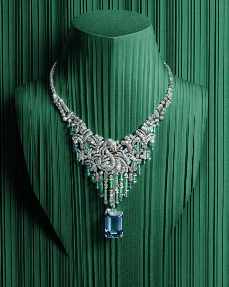 Cartier Nature Sauvage Celestun flamingo high jewellery necklace with aquamarine and emeralds