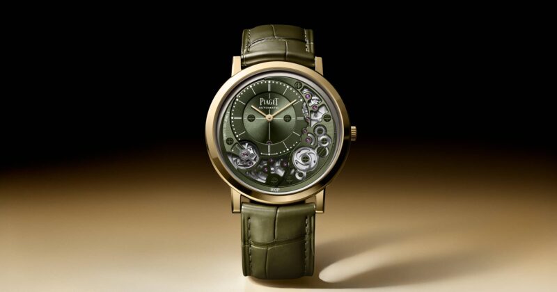 Piaget Altiplano skeleton watch with a green dial and gold case