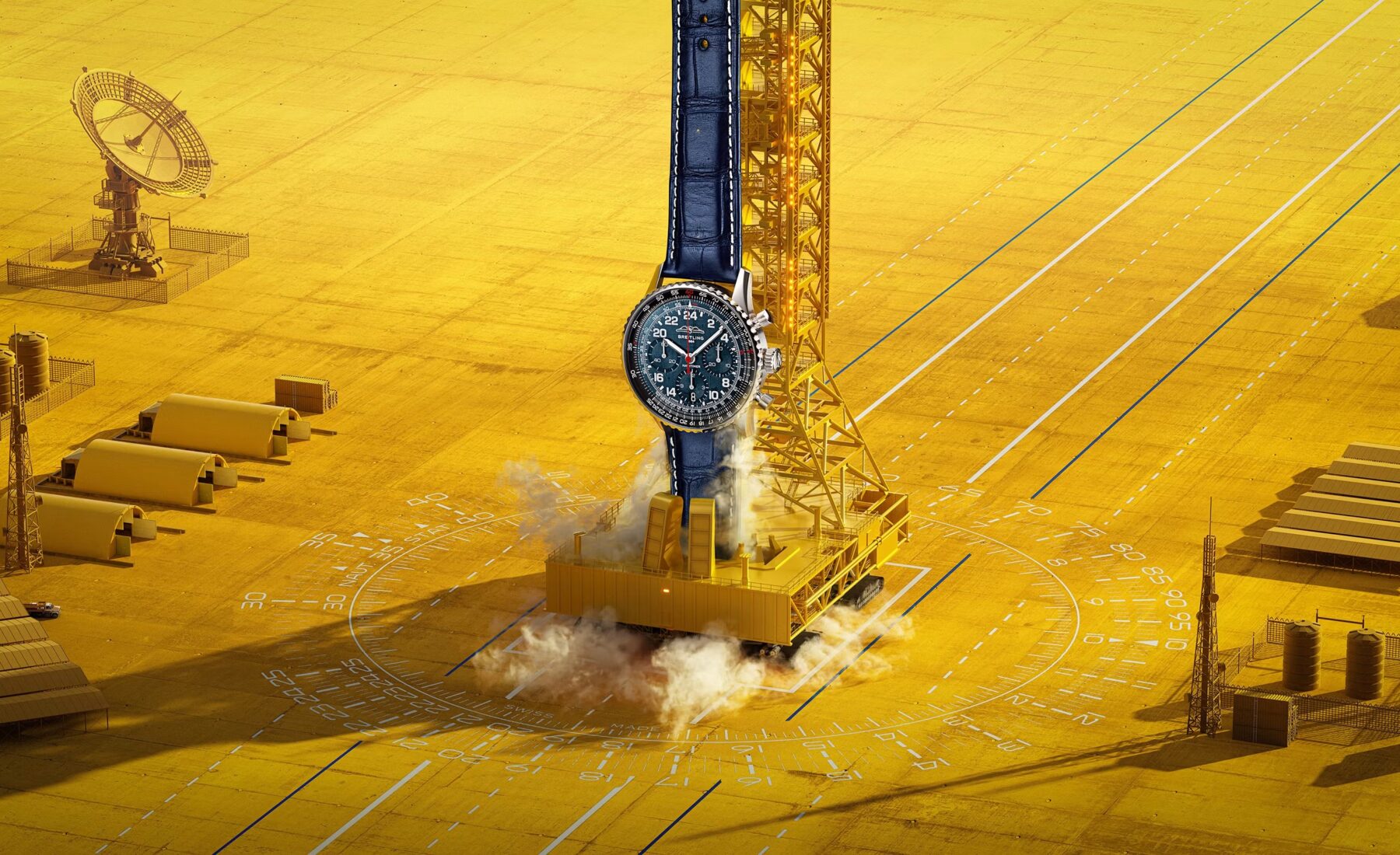 Breitling Navitimer Cosmonaute Artemis II shown over a golden launch-field composition