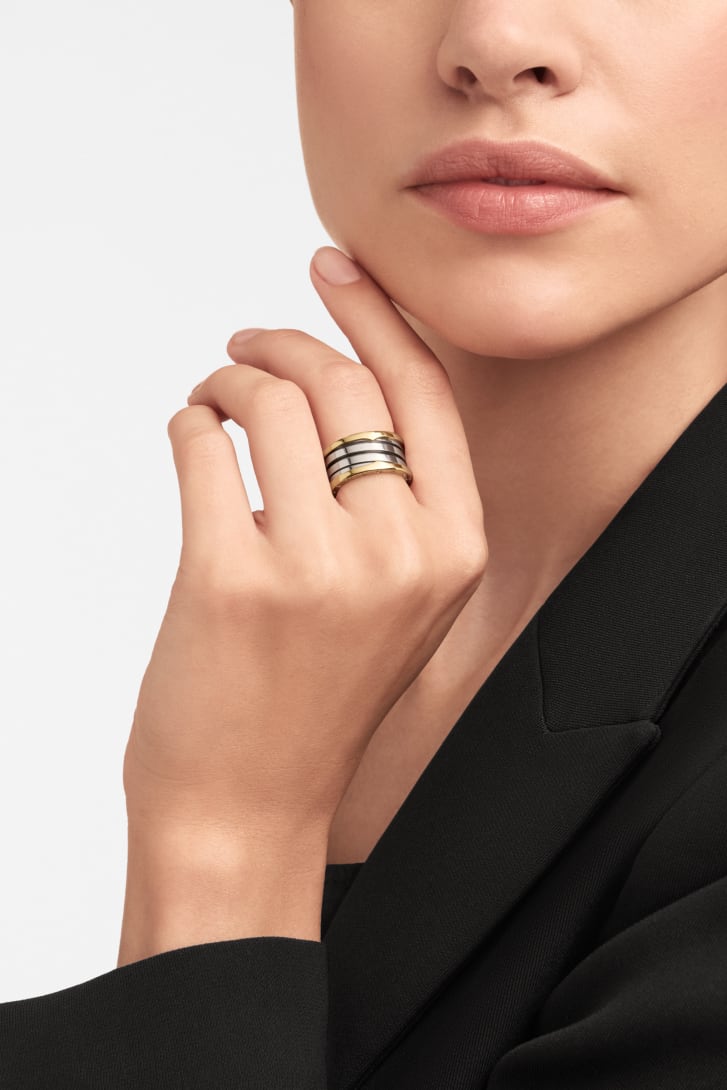 Bulgari B.zero1 Gold and Steel four-band ring worn