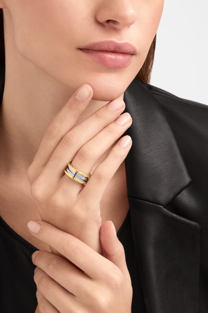 Bulgari B.zero1 Gold and Steel two-band ring worn