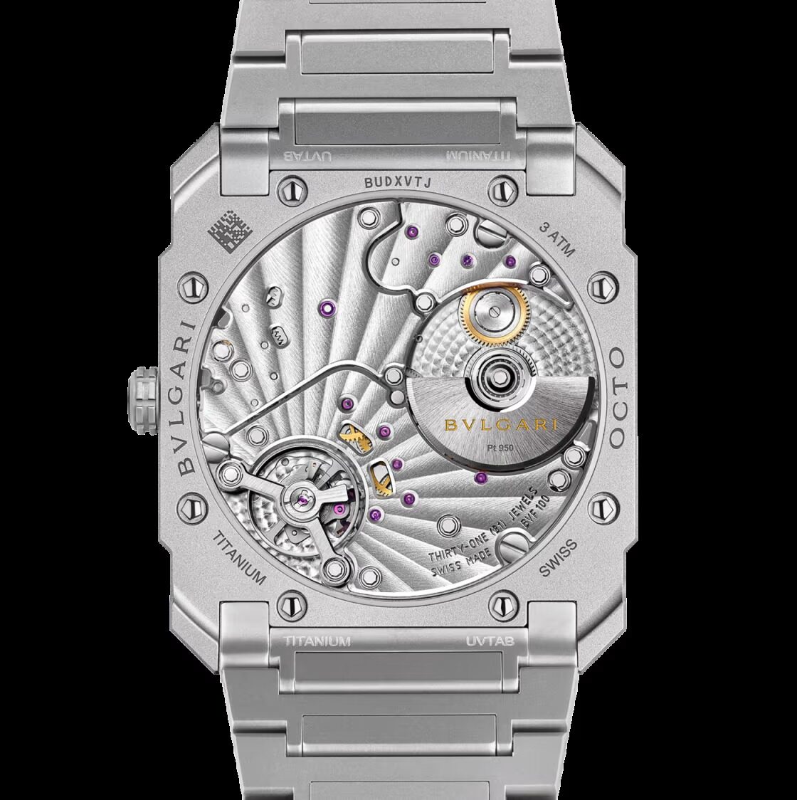 Bulgari Octo Finissimo 37mm transparent caseback showing the Calibre BVF 100 micro-rotor movement
