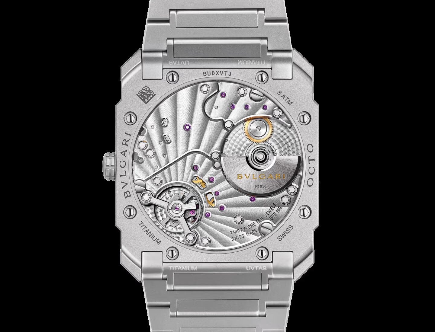 Bulgari Octo Finissimo 37mm transparent caseback showing the Calibre BVF 100 micro-rotor movement