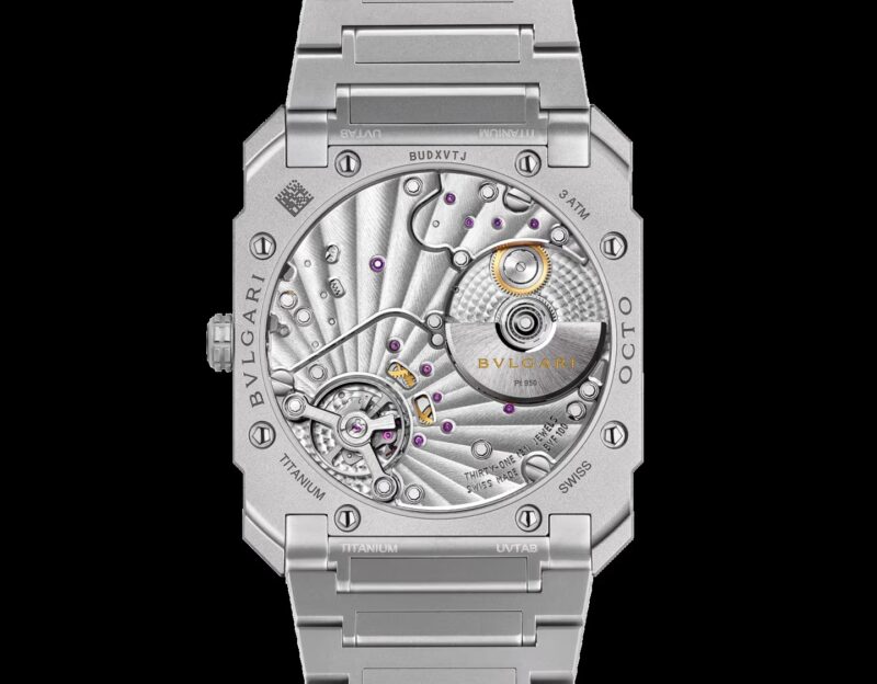 Bulgari Octo Finissimo 37mm transparent caseback showing the Calibre BVF 100 micro-rotor movement