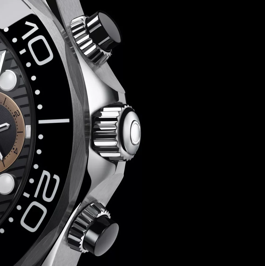 Macro close-up of the left subdial of the Omega Seamaster Diver 300M Chronograph 007 First Light