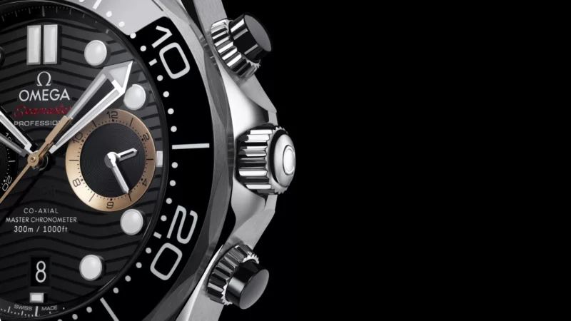 Macro close-up of the left subdial of the Omega Seamaster Diver 300M Chronograph 007 First Light