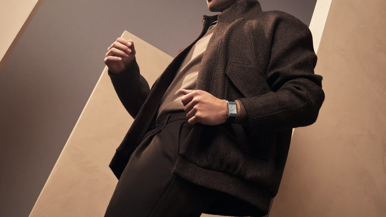 Jaeger-LeCoultre Reverso Tribute Duoface Small Seconds worn with brown jacket