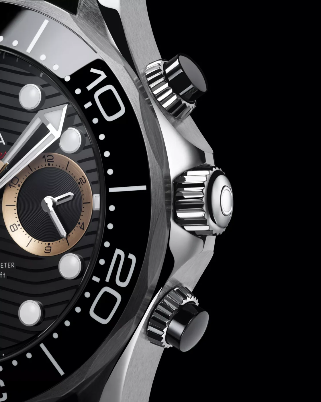 Close-up of the right chronograph subdial of the Omega Seamaster Diver 300M Chronograph 007 First Light
