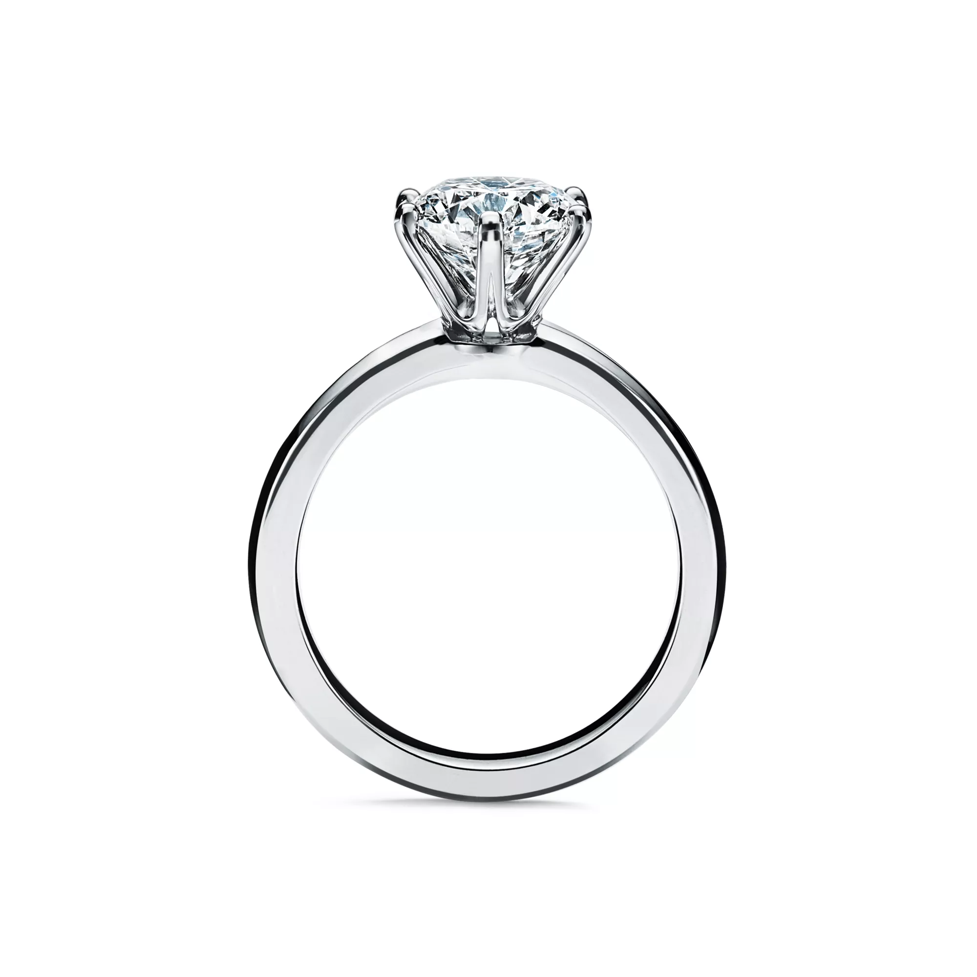 Angled view of the rose gold Tiffany Setting round brilliant solitaire engagement ring showing the six prongs and band details