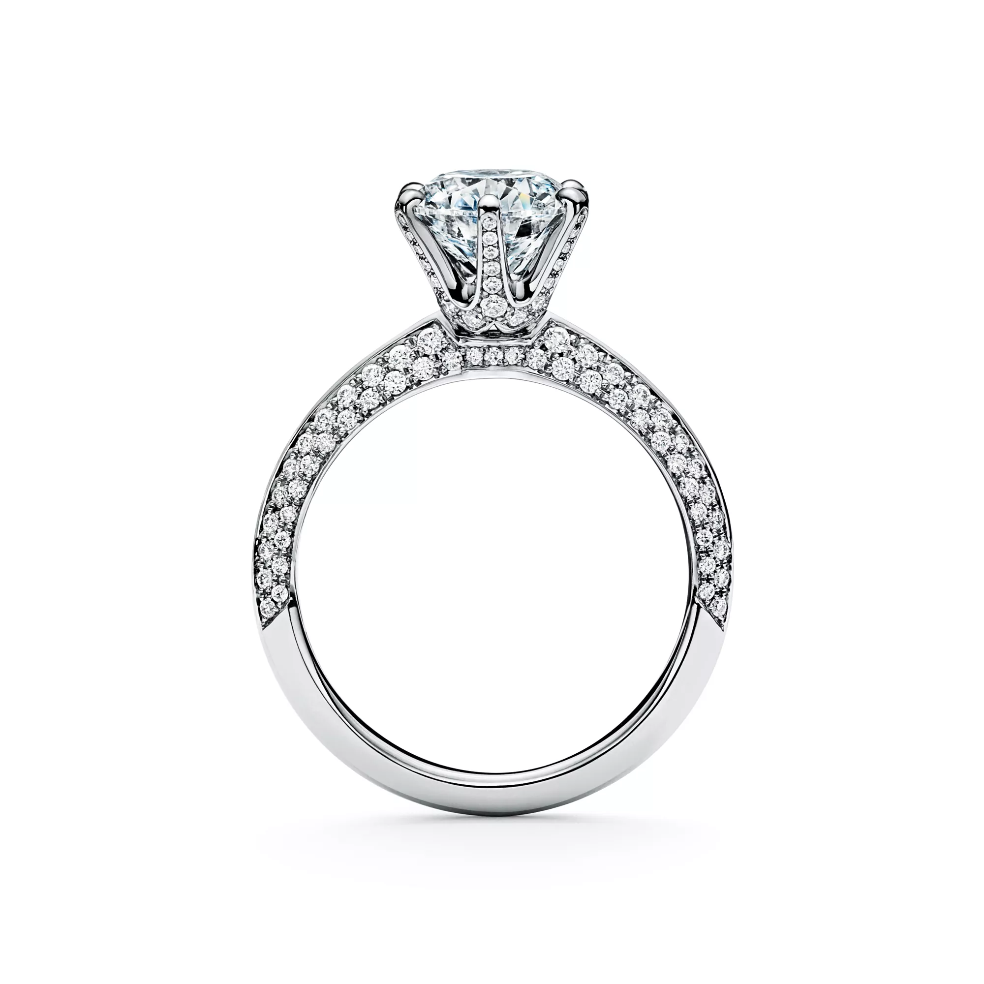 Alternative angled view of the rose gold Tiffany Soleste pear-shaped halo ring emphasizing the pavé band