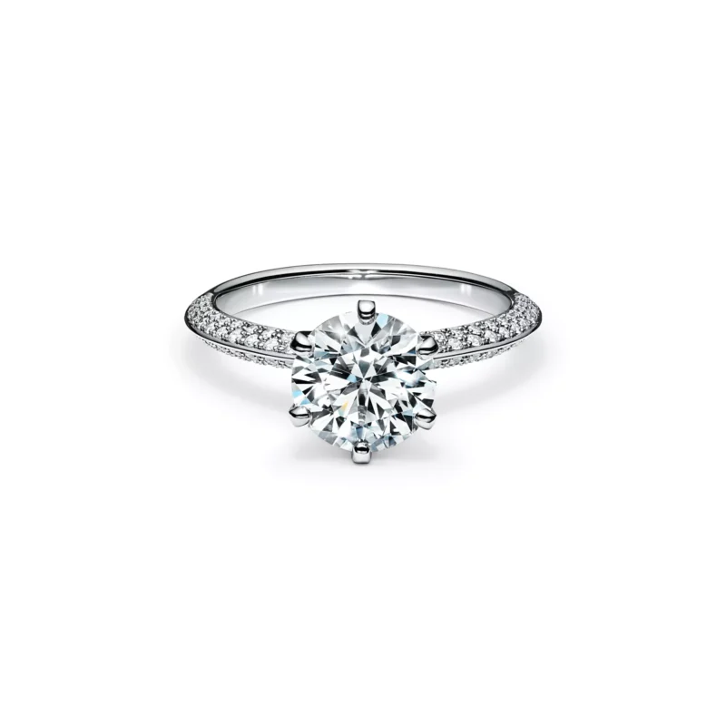 Top-down view of the rose gold Tiffany Soleste pear-shaped diamond ring showing the teardrop pave frame