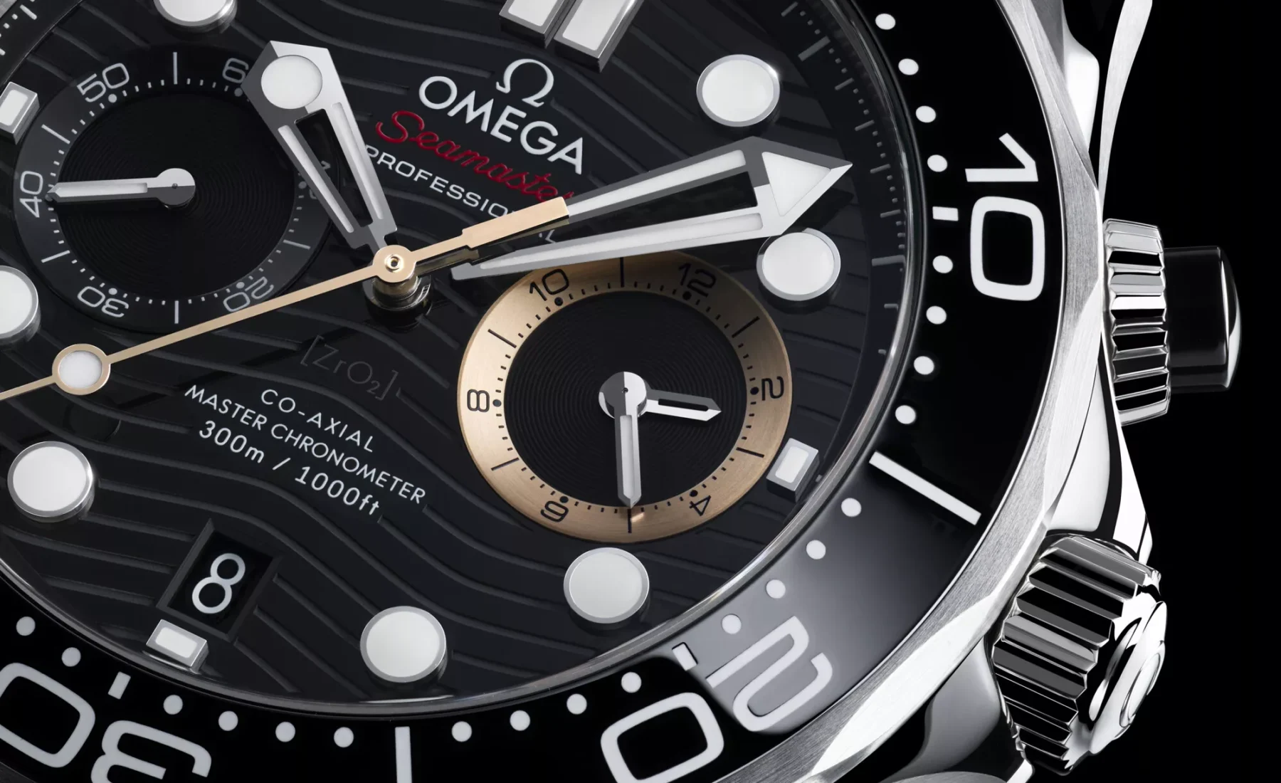 Vertical front studio portrait of the Omega Seamaster Diver 300M Chronograph 007 First Light watch head