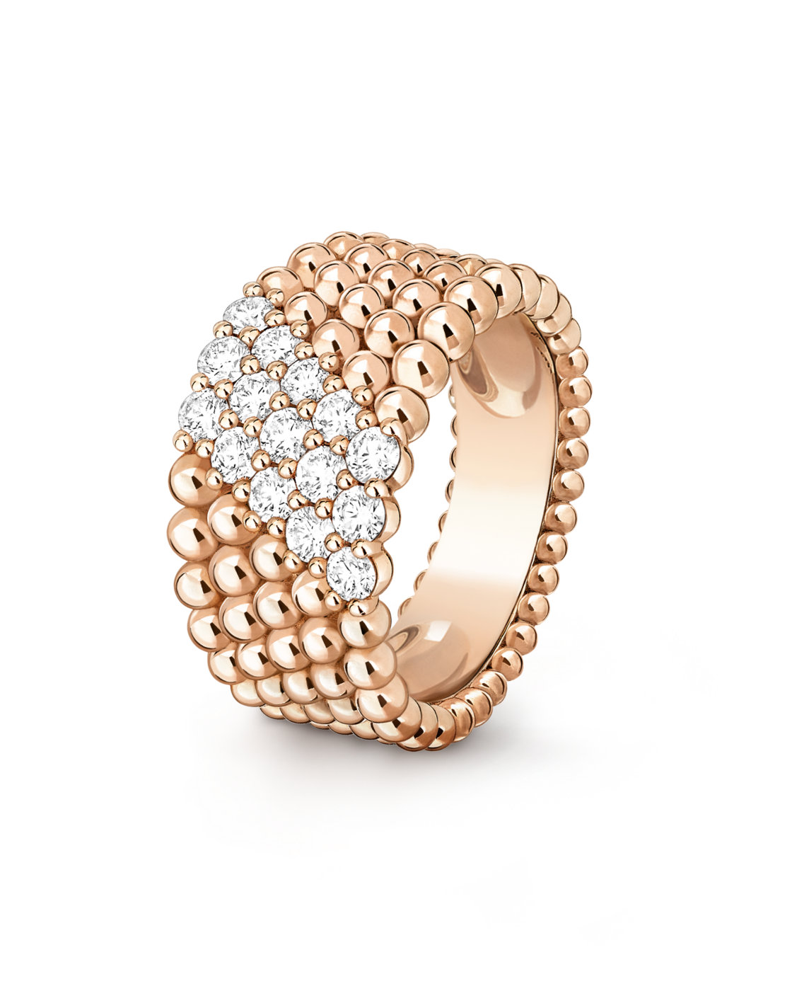 Van Cleef & Arpels Perlee multi-row ring in rose gold with round white diamonds paved in the middle rows, isolated on dark background