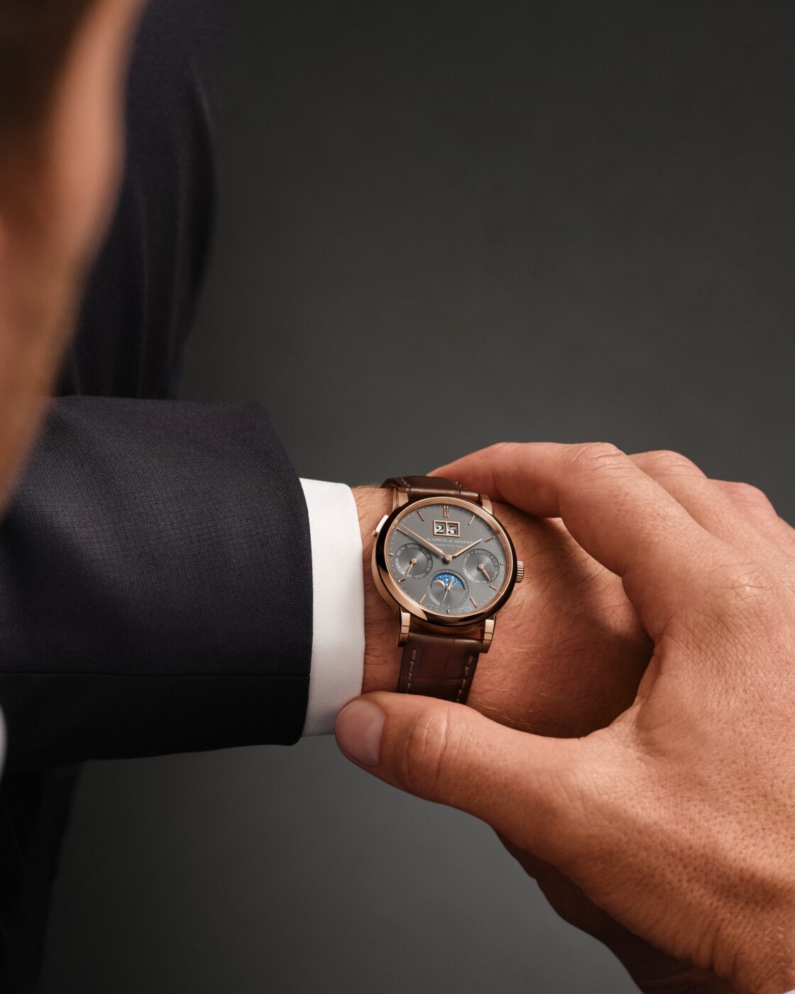 A. Lange & Söhne Saxonia Annual Calendar pink gold worn on the wrist