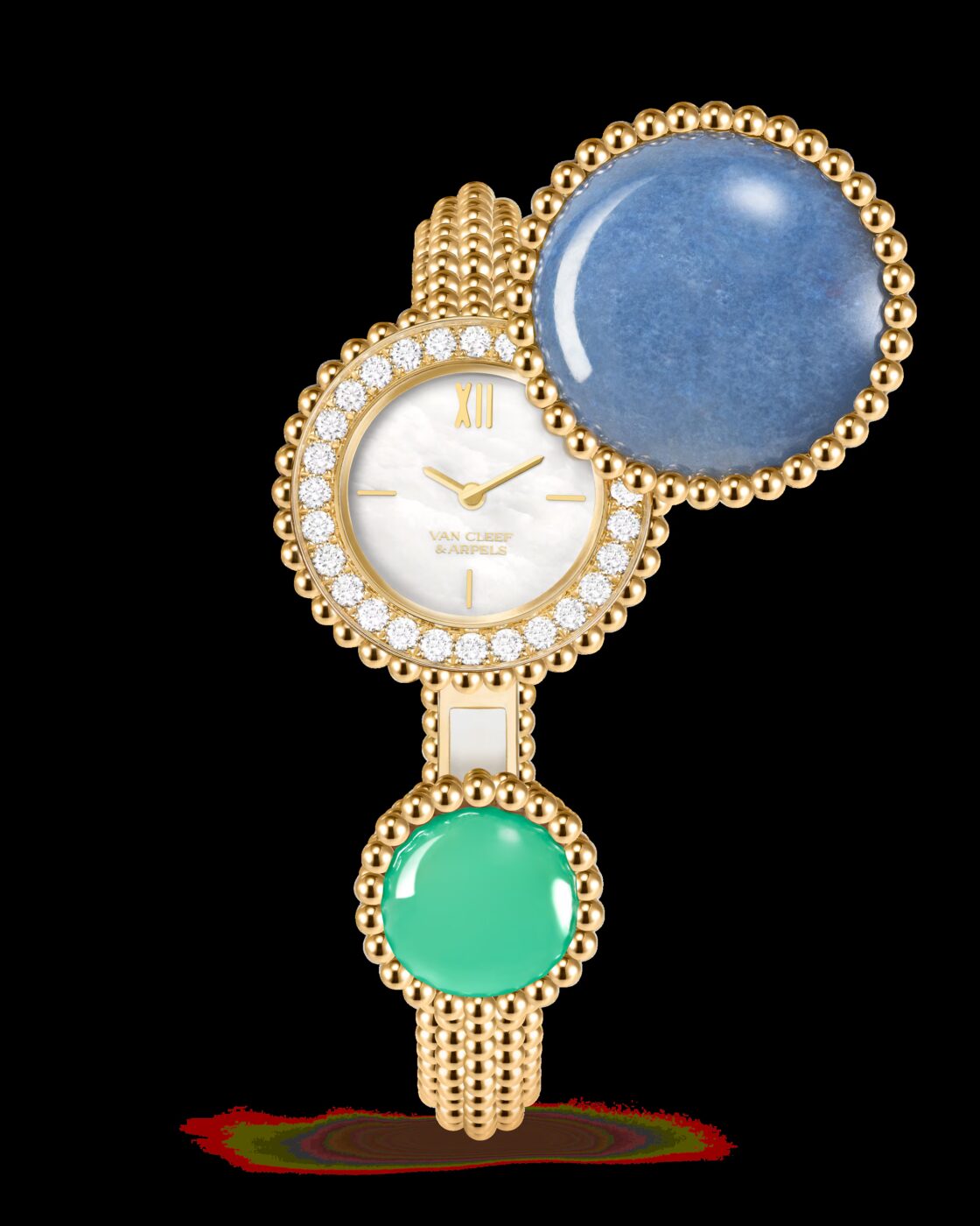 Perlee Toi & Moi secret watch in yellow gold with diamonds around the dial, a blue chalcedony cover, and a green malachite bead on the open bangle