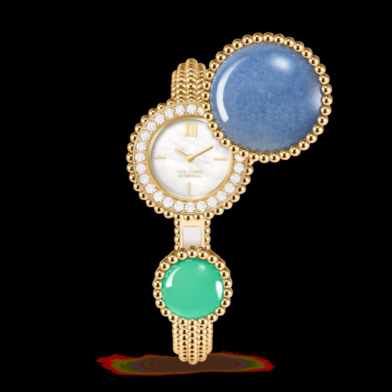 Perlee Toi & Moi secret watch in yellow gold with diamonds around the dial, a blue chalcedony cover, and a green malachite bead on the open bangle