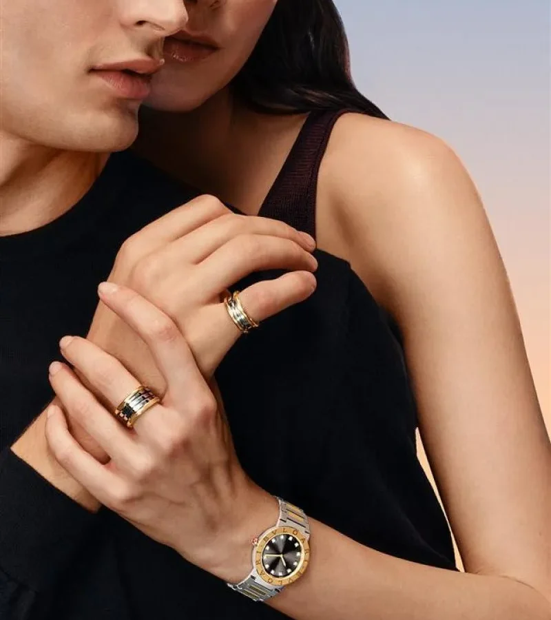 Bulgari Gold and Steel jewellery and watch campaign visual