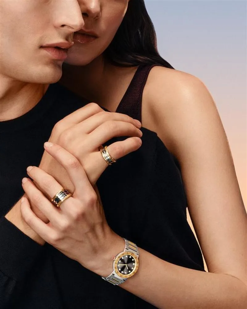 Bulgari Gold and Steel jewellery and watch campaign visual