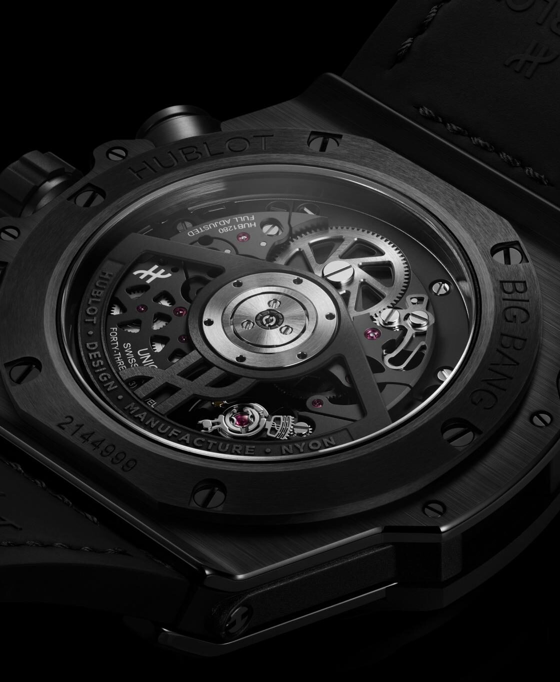 Detailed caseback view of the Hublot Big Bang Reloaded All Black showing the HUB1280 movement