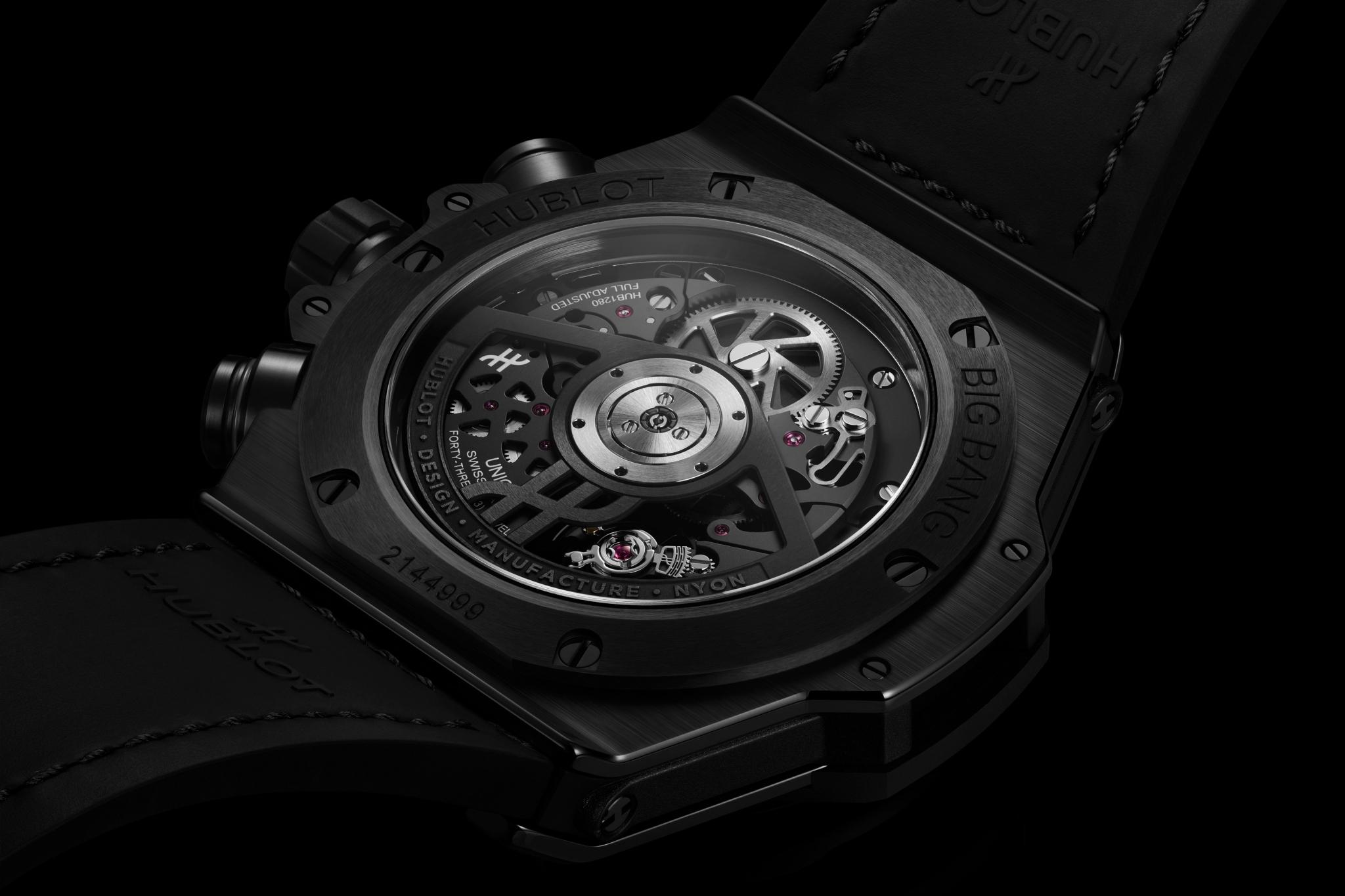 Detailed caseback view of the Hublot Big Bang Reloaded All Black showing the HUB1280 movement