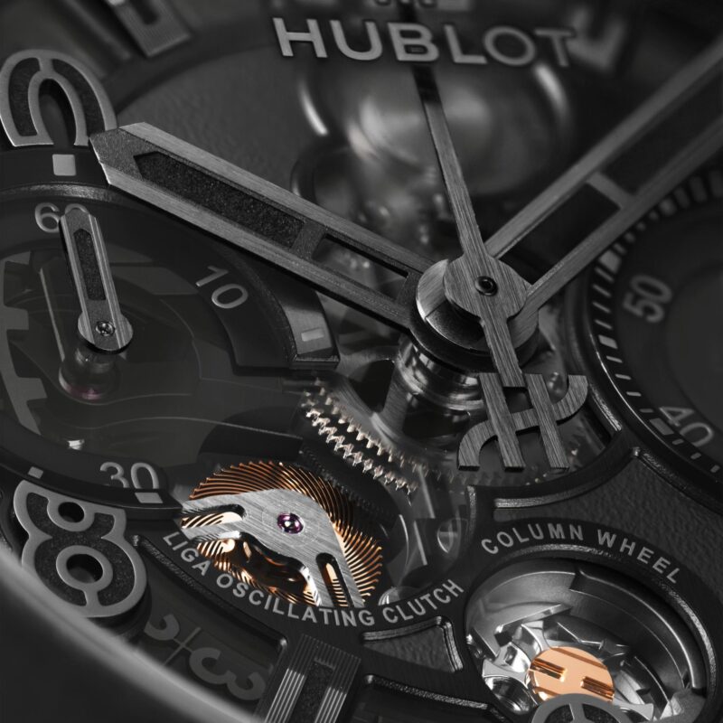 Three-quarter angled profile view of the Hublot Big Bang Reloaded All Black showing the detailed case construction