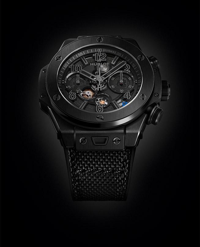 Frontal studio shot of the Hublot Big Bang Reloaded All Black Ceramic reference