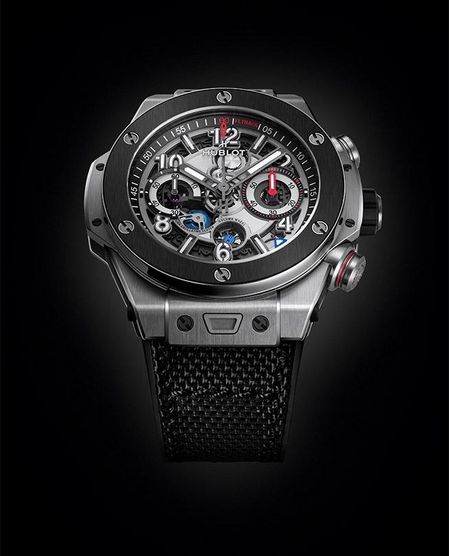 Macro close-up of the Titanium Ceramic dial highlighting the column wheel and skeleton architecture