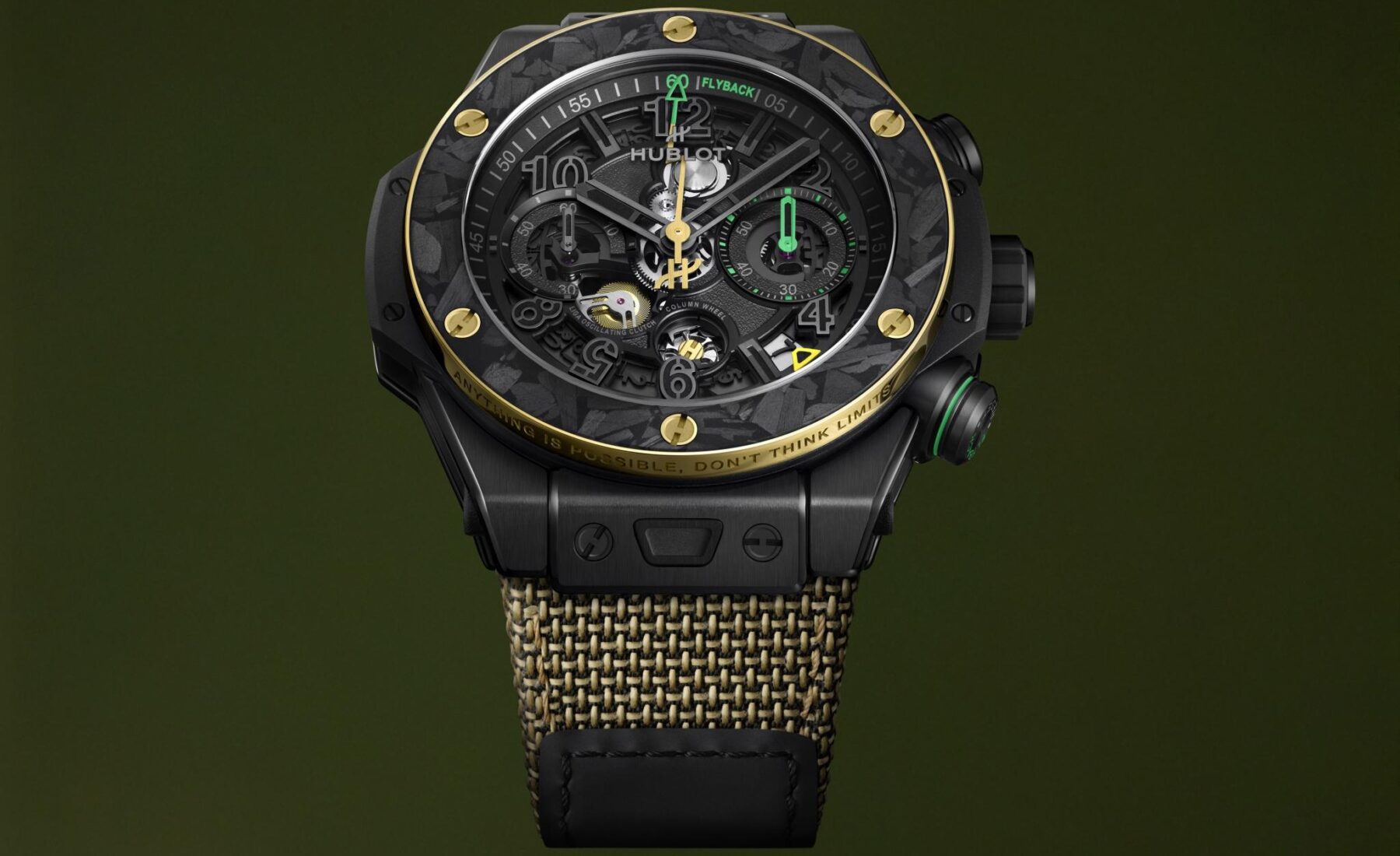 Frontal studio view of the Hublot Big Bang Reloaded Usain Bolt in black ceramic and gold accents