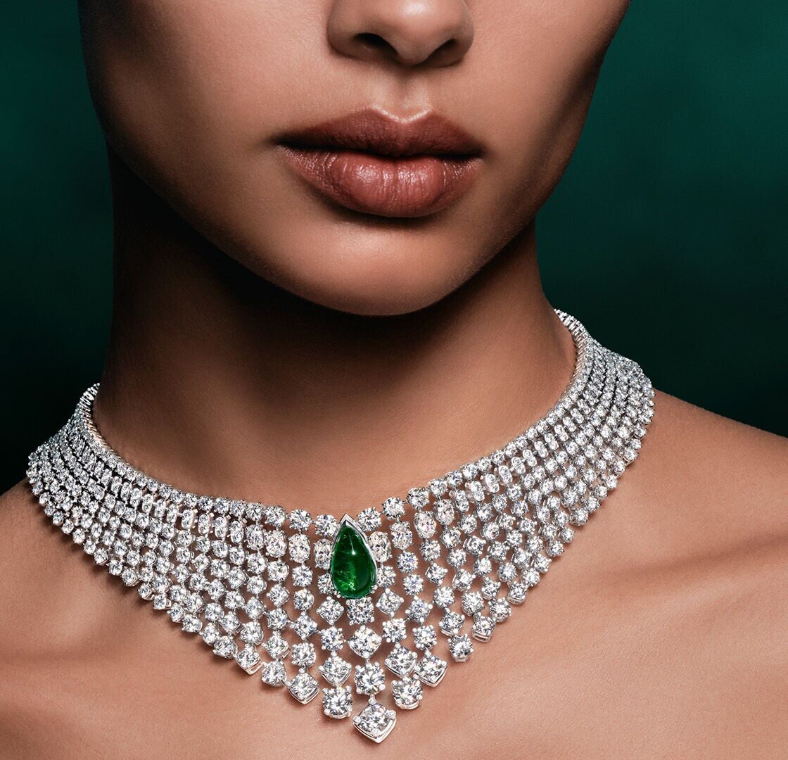 Graff emerald and white diamond high jewellery choker worn