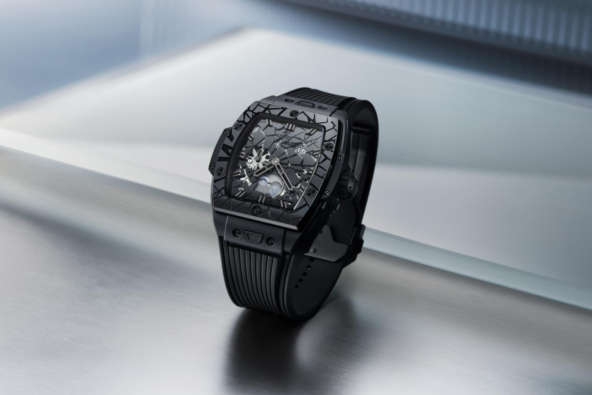 Angled view of the Hublot Spirit of Big Bang Impact All Black showcasing the curved tonneau case