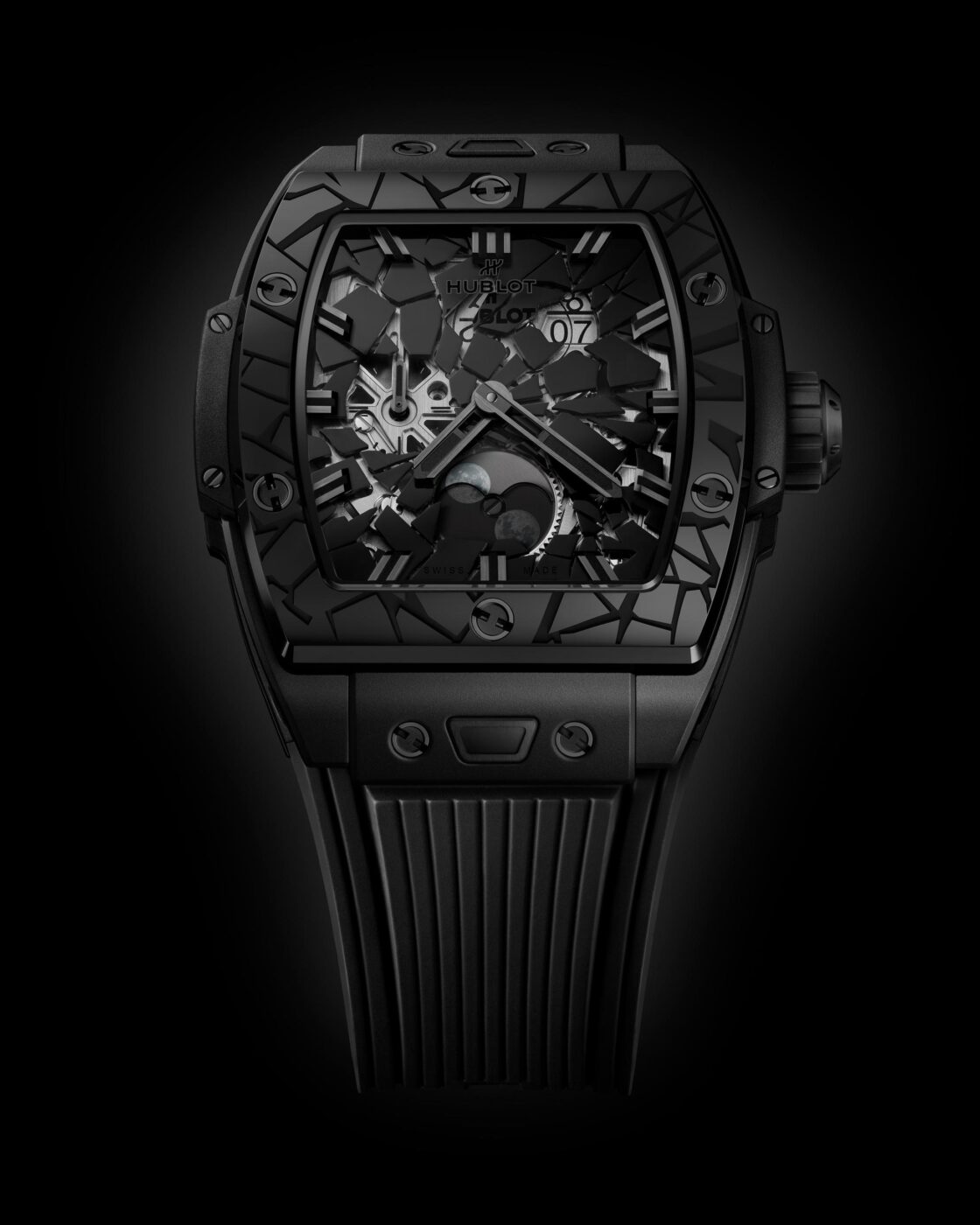 Frontal studio view of the Hublot Spirit of Big Bang Impact All Black 42mm tonneau case