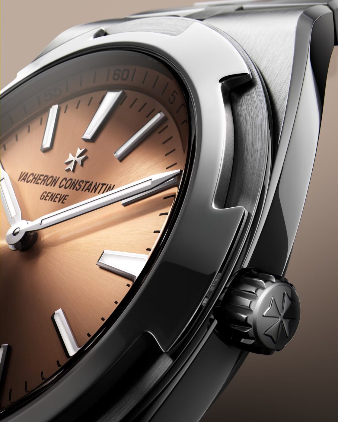 Vacheron Constantin Overseas salmon dial and crown macro detail