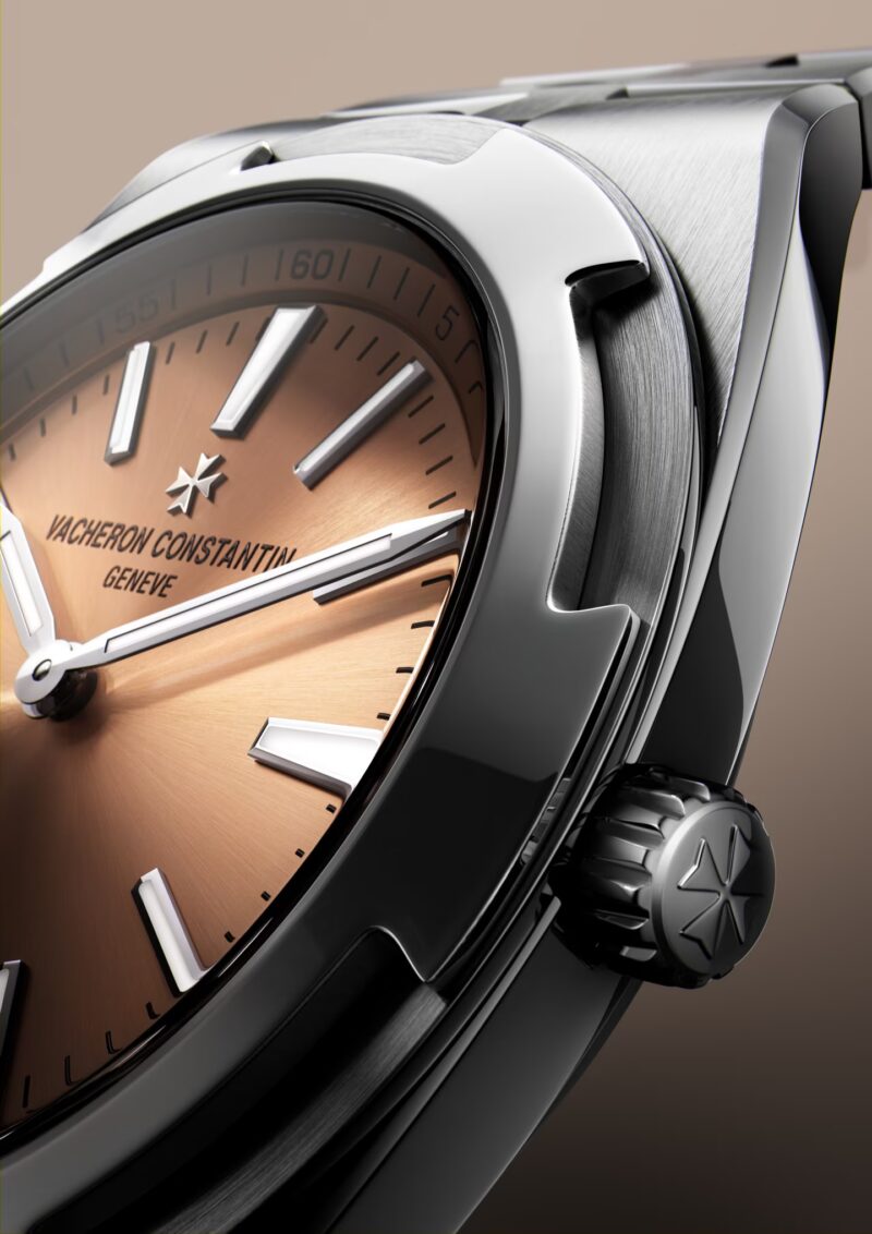 Vacheron Constantin Overseas salmon dial and crown macro detail