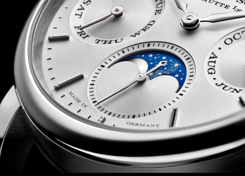 A. Lange & Söhne Saxonia Annual Calendar argenté dial and moon-phase macro