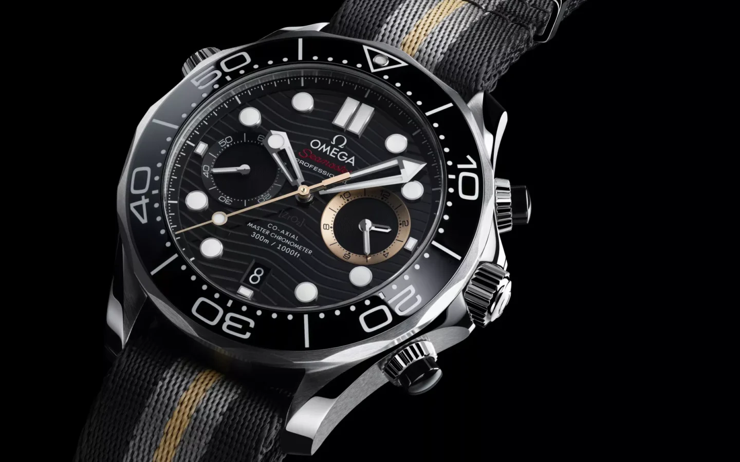 Angled flat lay view of the Omega Seamaster Diver 300M Chronograph 007 First Light on NATO strap