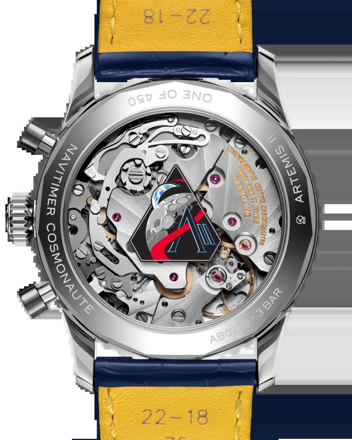 Breitling Navitimer Cosmonaute Artemis II sapphire caseback with Calibre B02 and Artemis II mission logo
