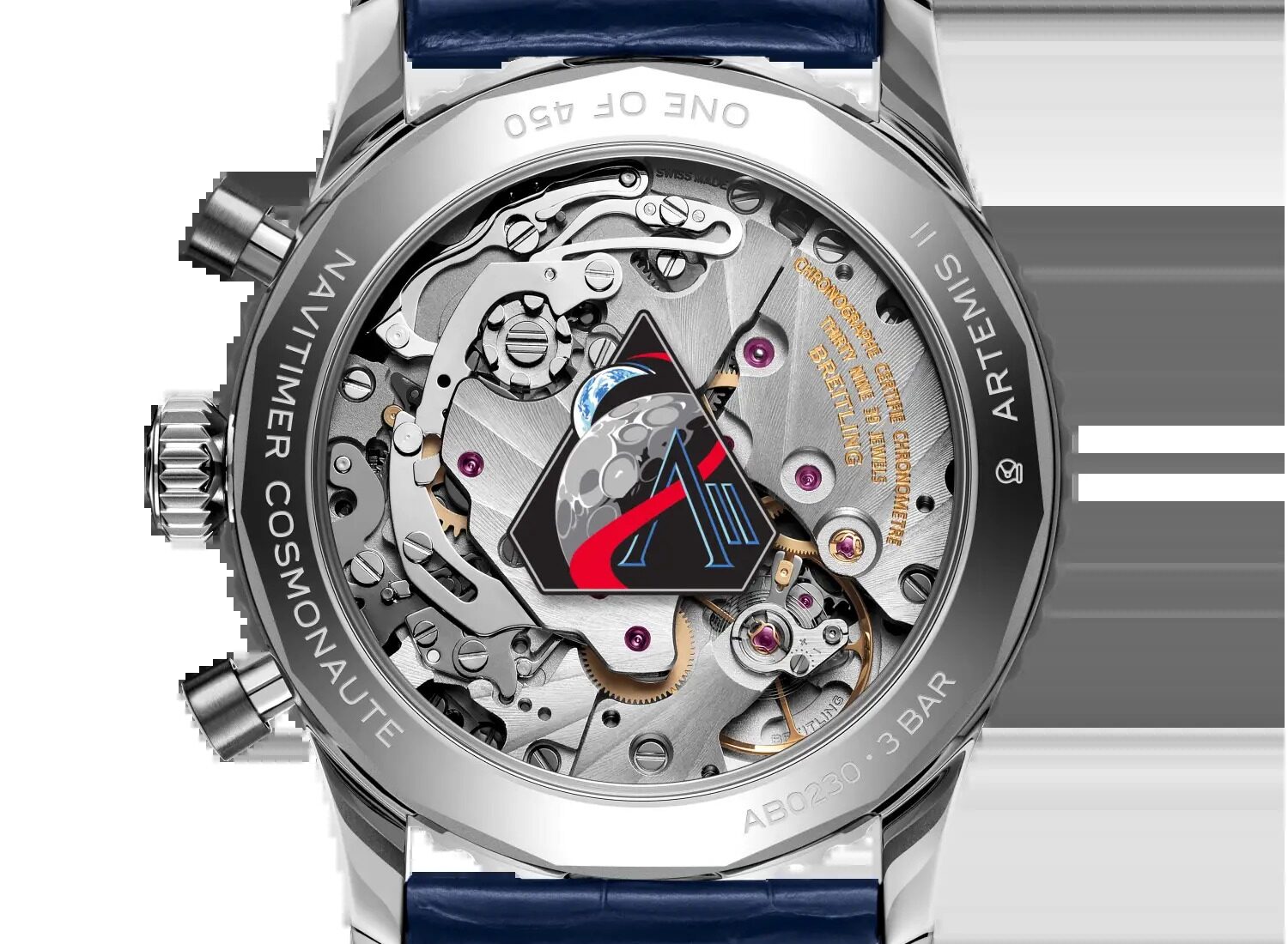 Breitling Navitimer Cosmonaute Artemis II sapphire caseback with Calibre B02 and Artemis II mission logo