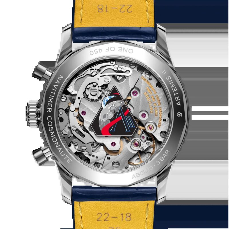 Breitling Navitimer Cosmonaute Artemis II sapphire caseback with Calibre B02 and Artemis II mission logo